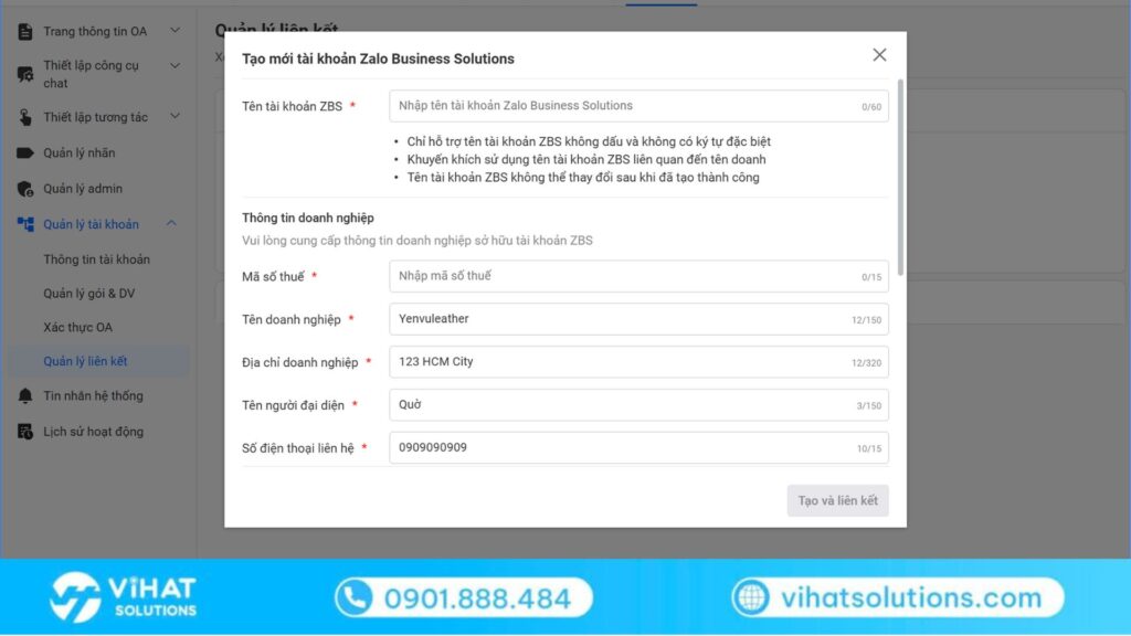 Tạo ZBS Account trực tiếp qua trang quản lý OA