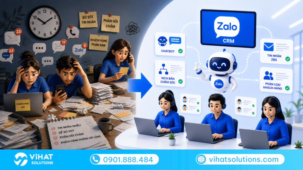 Sử dụng Zalo CRM sẽ giúp tự động hóa bằng chatbot, kịch bản chăm sóc và tin nhắn ZBS.