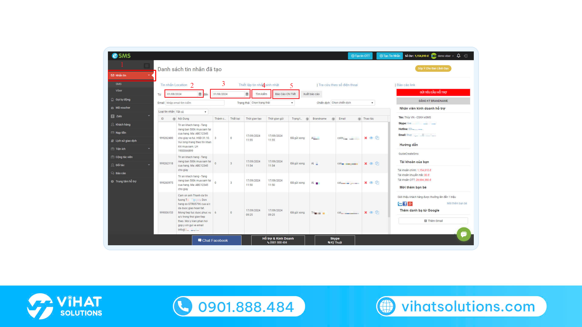 Báo cáo danh sách tin nhắn thương hiệu trên eSMS với số tin thành công, thất bại và trạng thái từng tin để đối soát