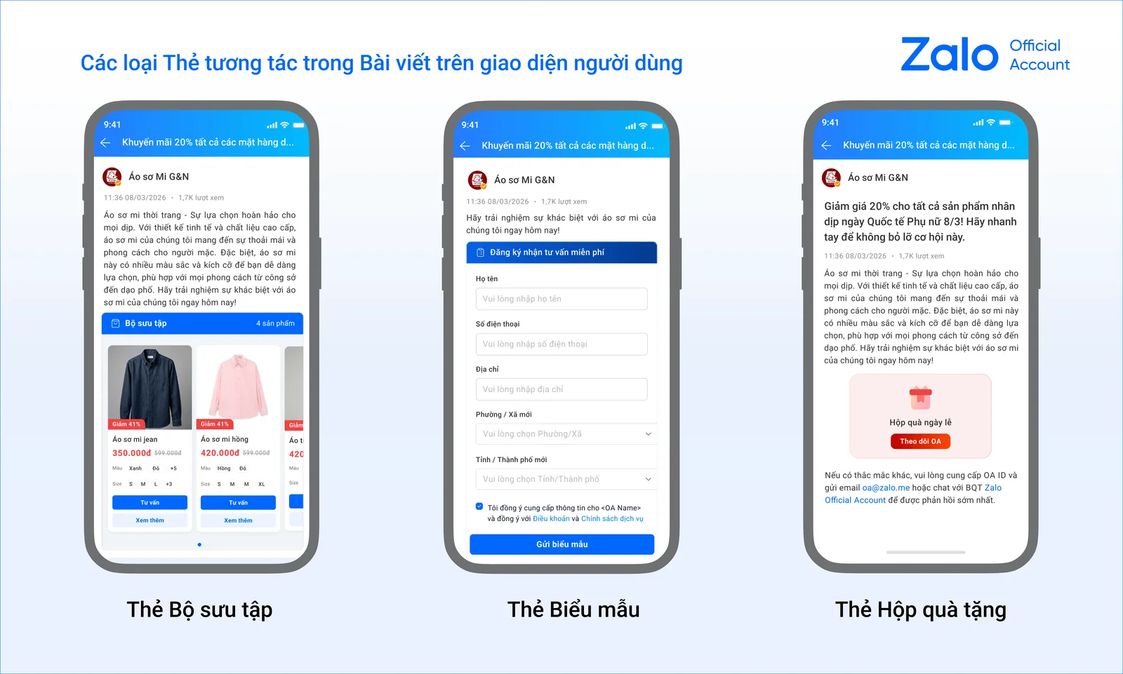 3 loại Thẻ tương tác trong Bài viết OA: Bộ sưu tập, Biểu mẫu, Hộp quà tặng