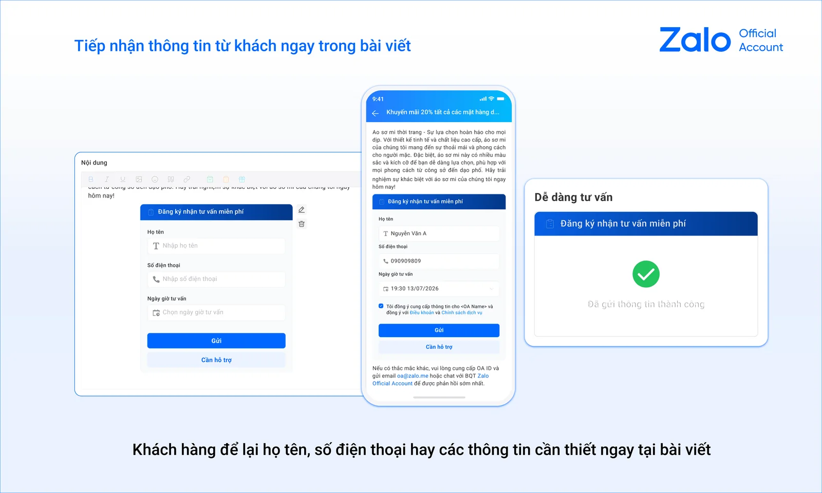 Thẻ Biểu mẫu trong Bài viết Zalo OA giúp khách để lại họ tên, số điện thoại