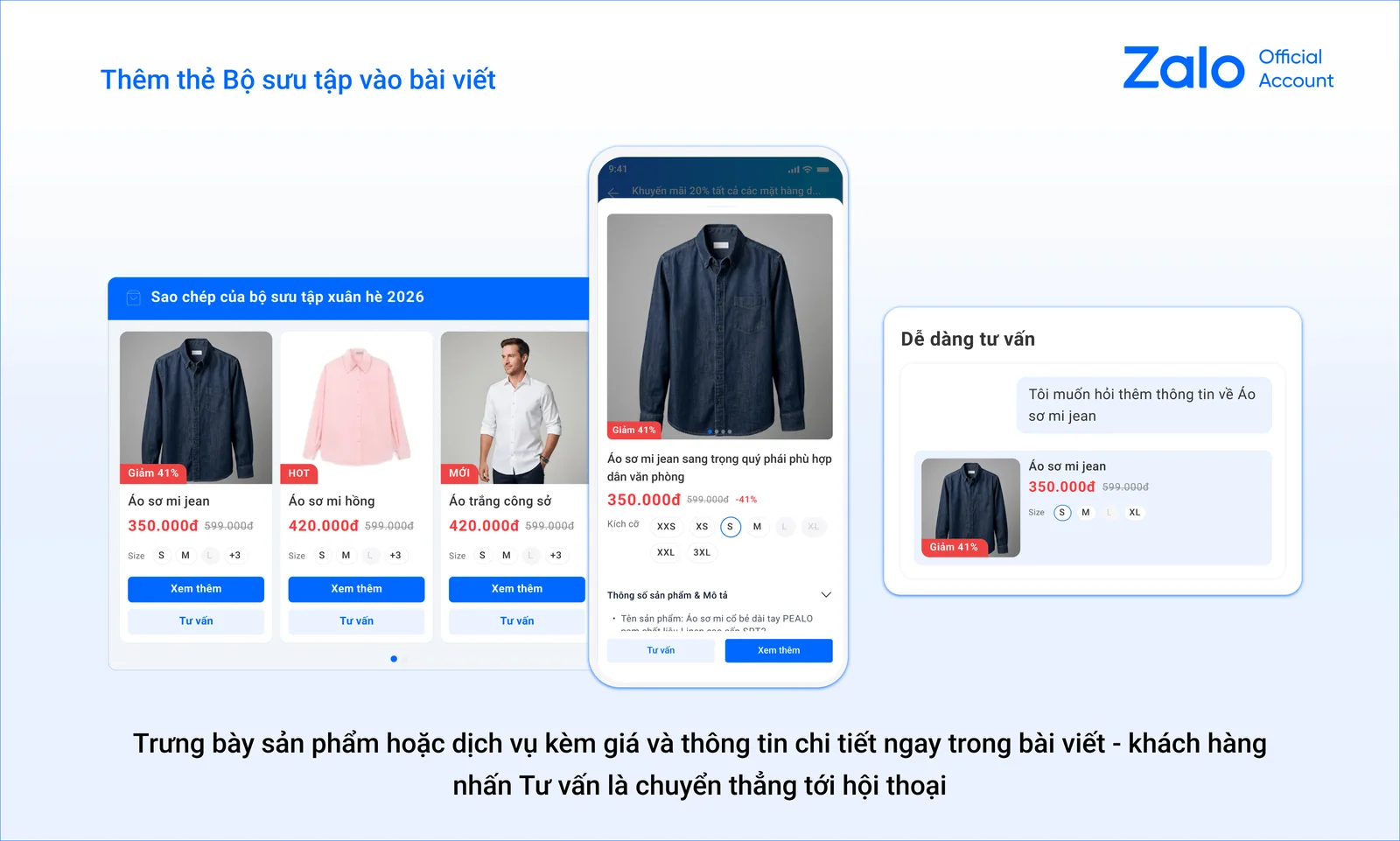 Thẻ Bộ sưu tập trong Bài viết Zalo OA, khách nhấn Tư vấn để chuyển tới hội thoại