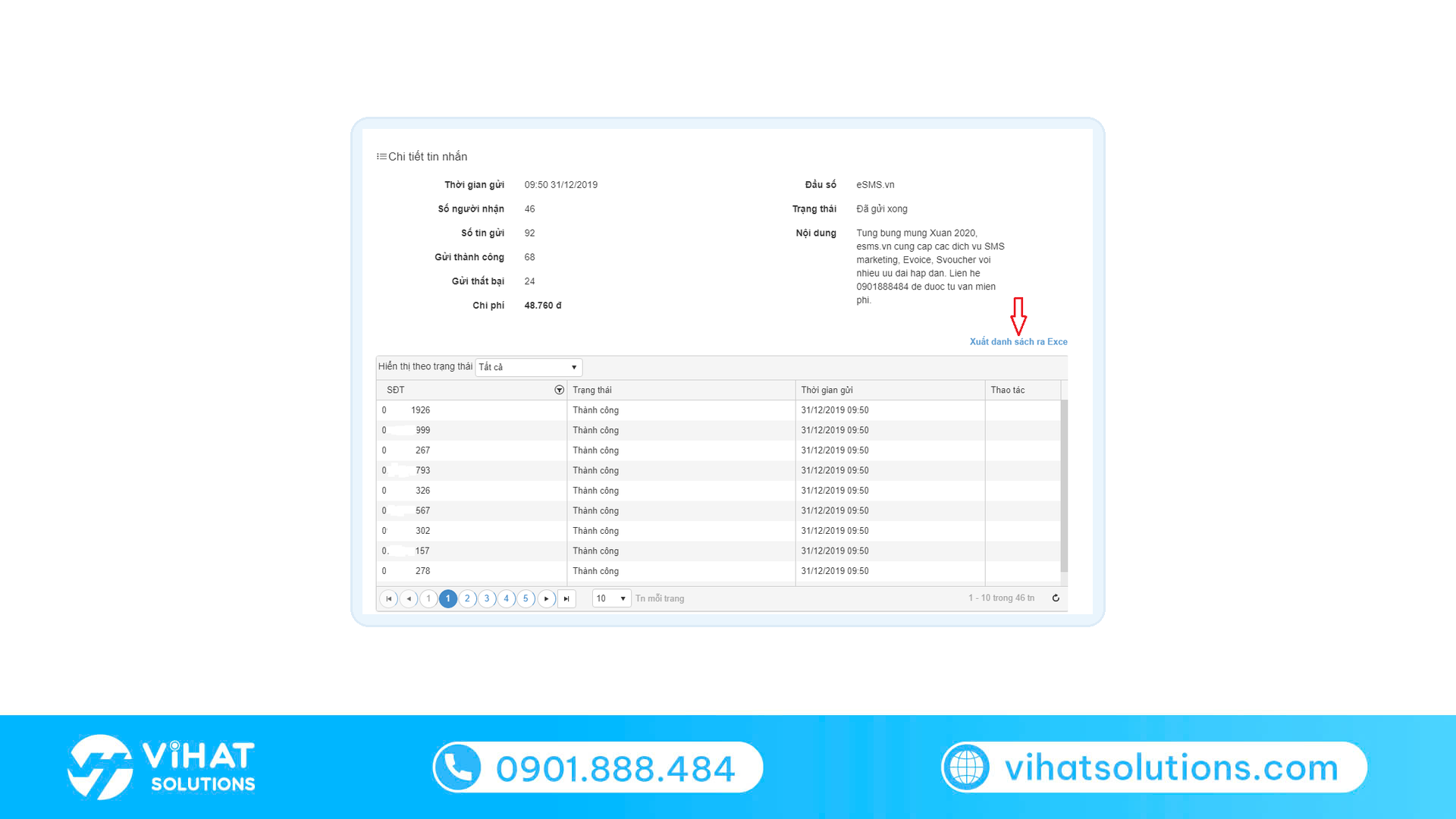 Chi tiết chiến dịch SMS hàng loạt trên eSMS: tin gửi, thành công, thất bại, chi phí từng số