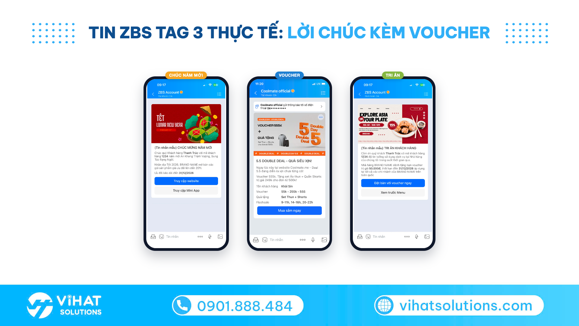 Ảnh chụp tin ZBS Tag 3 thực tế: chúc mừng năm mới, voucher và tri ân khách hàng trên Zalo