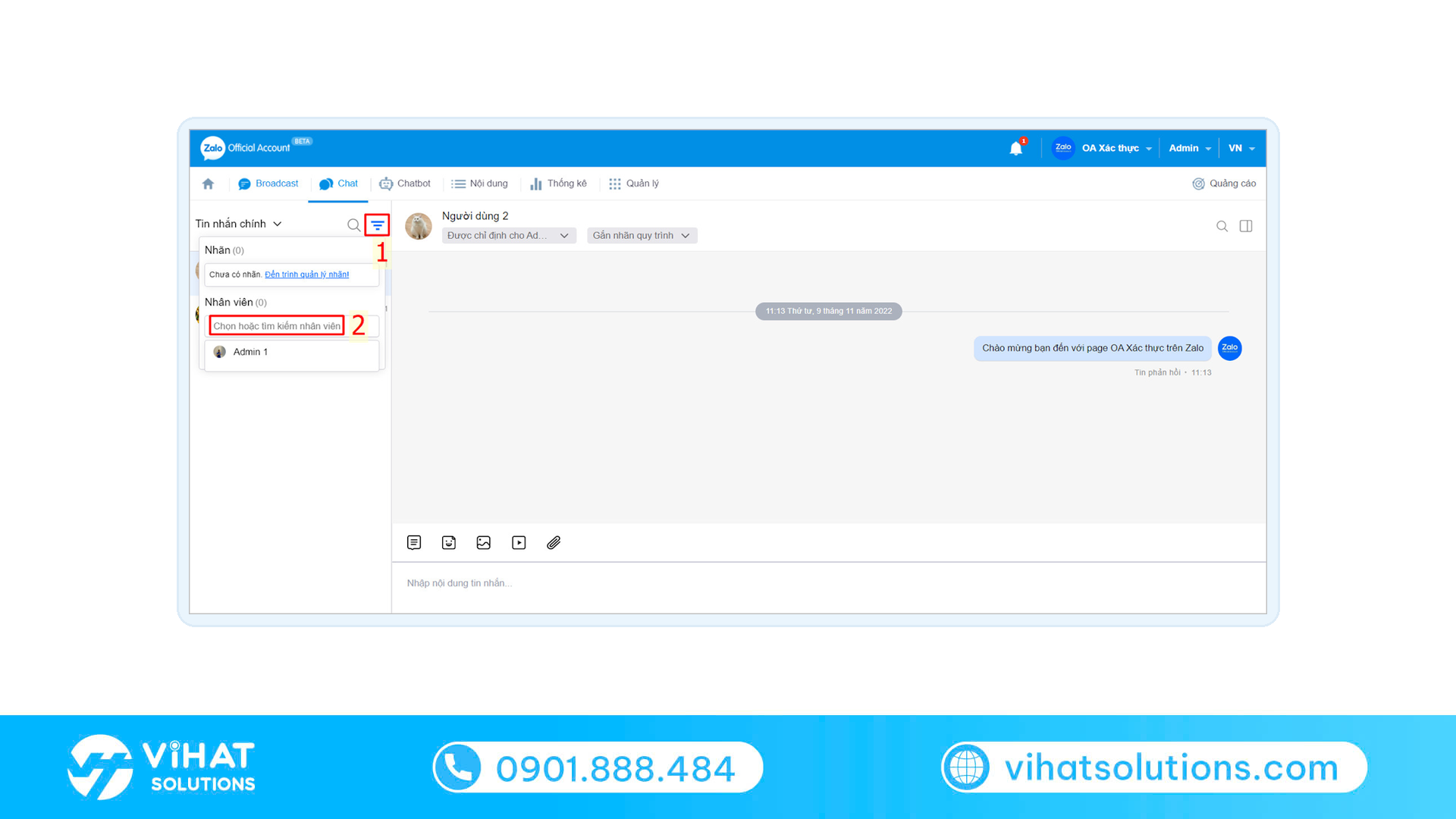 Giao diện chat Zalo OA: lọc hội thoại theo nhãn và gán nhân viên phụ trách