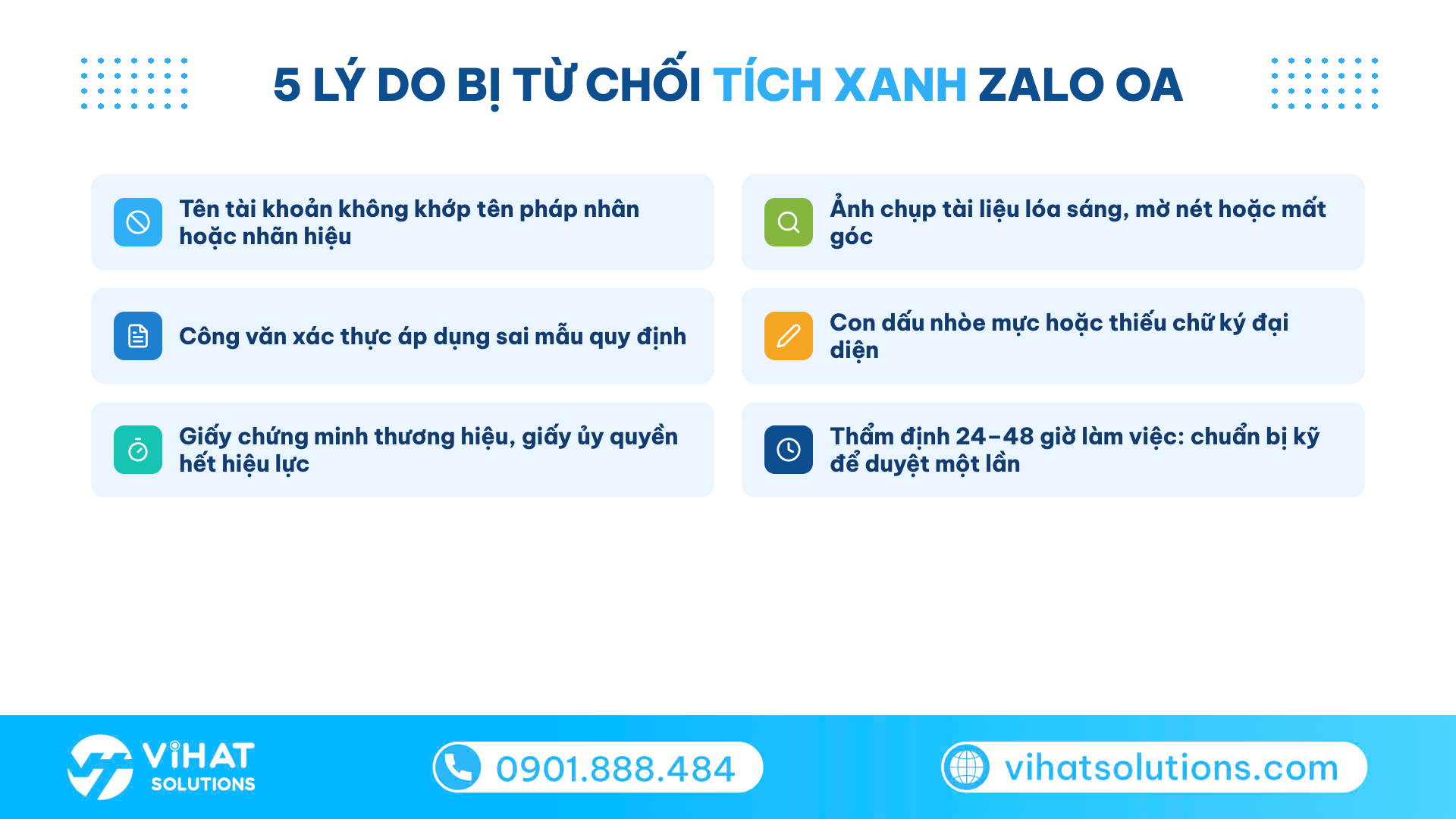 Checklist 5 lý do hồ sơ đăng ký Zalo doanh nghiệp bị từ chối tích xanh và mốc thẩm định 24–48 giờ