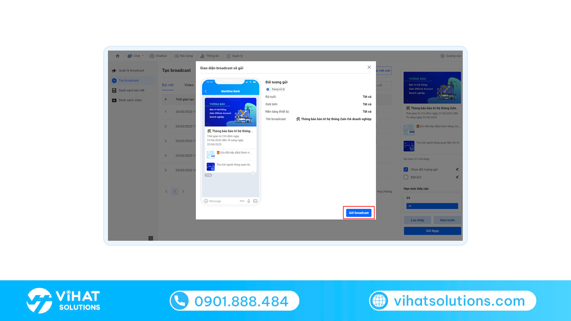 Trang quản lý Zalo OA: tạo broadcast, chọn đối tượng gửi và tuỳ chọn Đặt lịch gửi tin nhắn Zalo