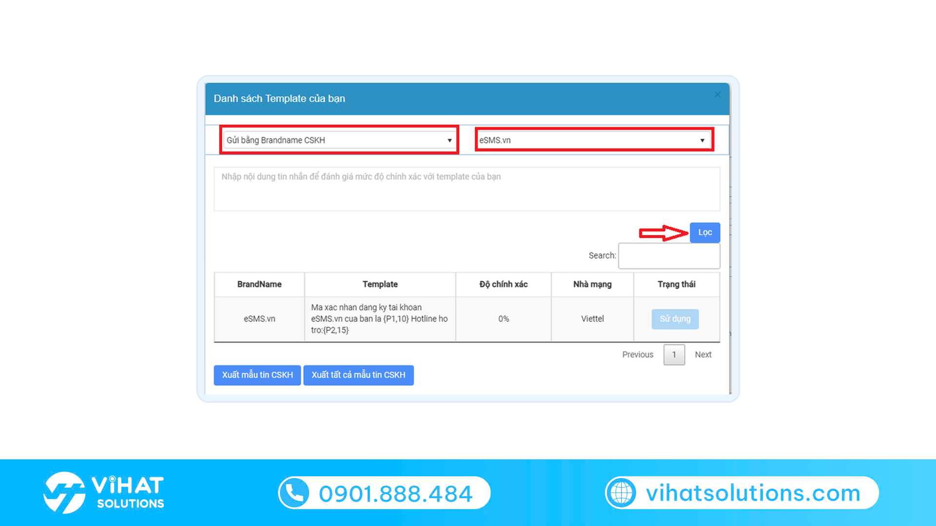 Màn hình danh sách mẫu tin chăm sóc khách hàng gửi bằng Brandname trên hệ thống eSMS