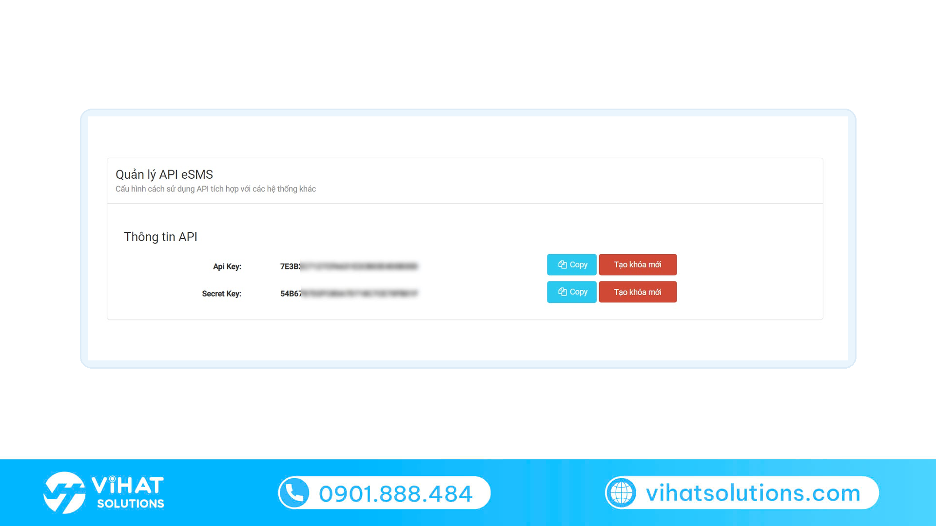 Màn hình Quản lý API eSMS với Api Key và Secret Key cần có trước khi gửi SMS bằng PHP