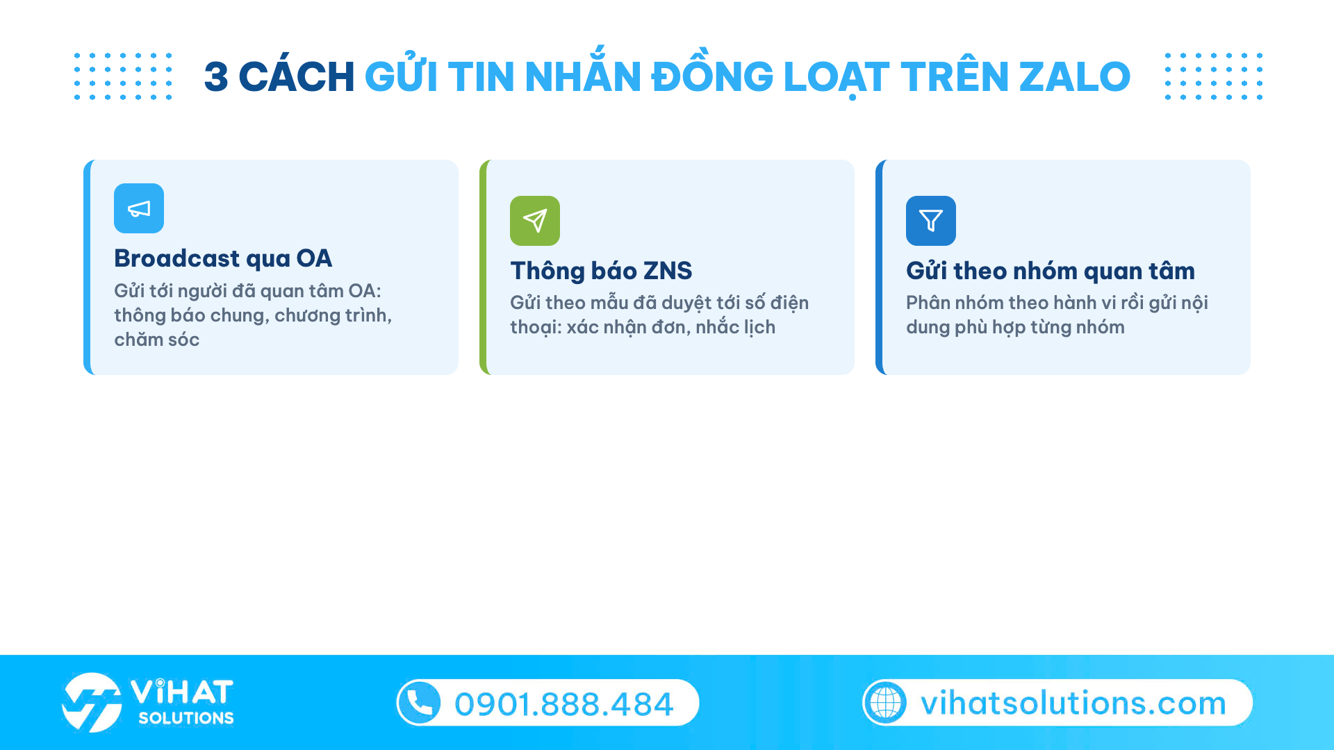 Lưới 3 cách gửi tin nhắn đồng loạt trên Zalo: broadcast OA, thông báo ZNS, gửi theo nhóm