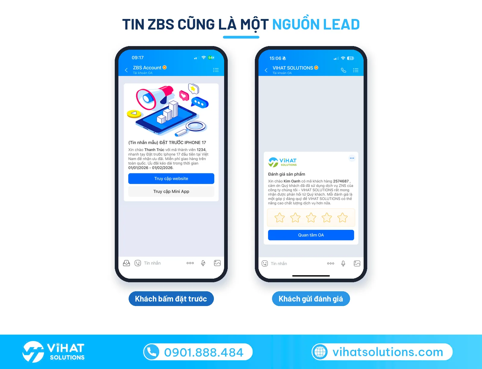 Tin ZBS thật: khách bấm đặt trước và gửi đánh giá — nguồn lead cho hệ thống CRM