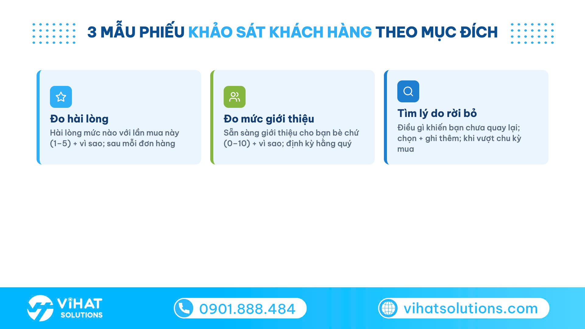 Lưới 3 mẫu phiếu khảo sát khách hàng: đo hài lòng, đo mức giới thiệu, tìm lý do rời bỏ