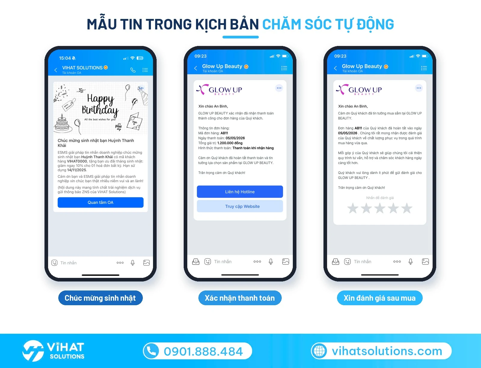 Mẫu tin ZBS trong kịch bản chăm sóc khách hàng: xác nhận lịch hẹn, xác nhận thanh toán, xin đánh giá