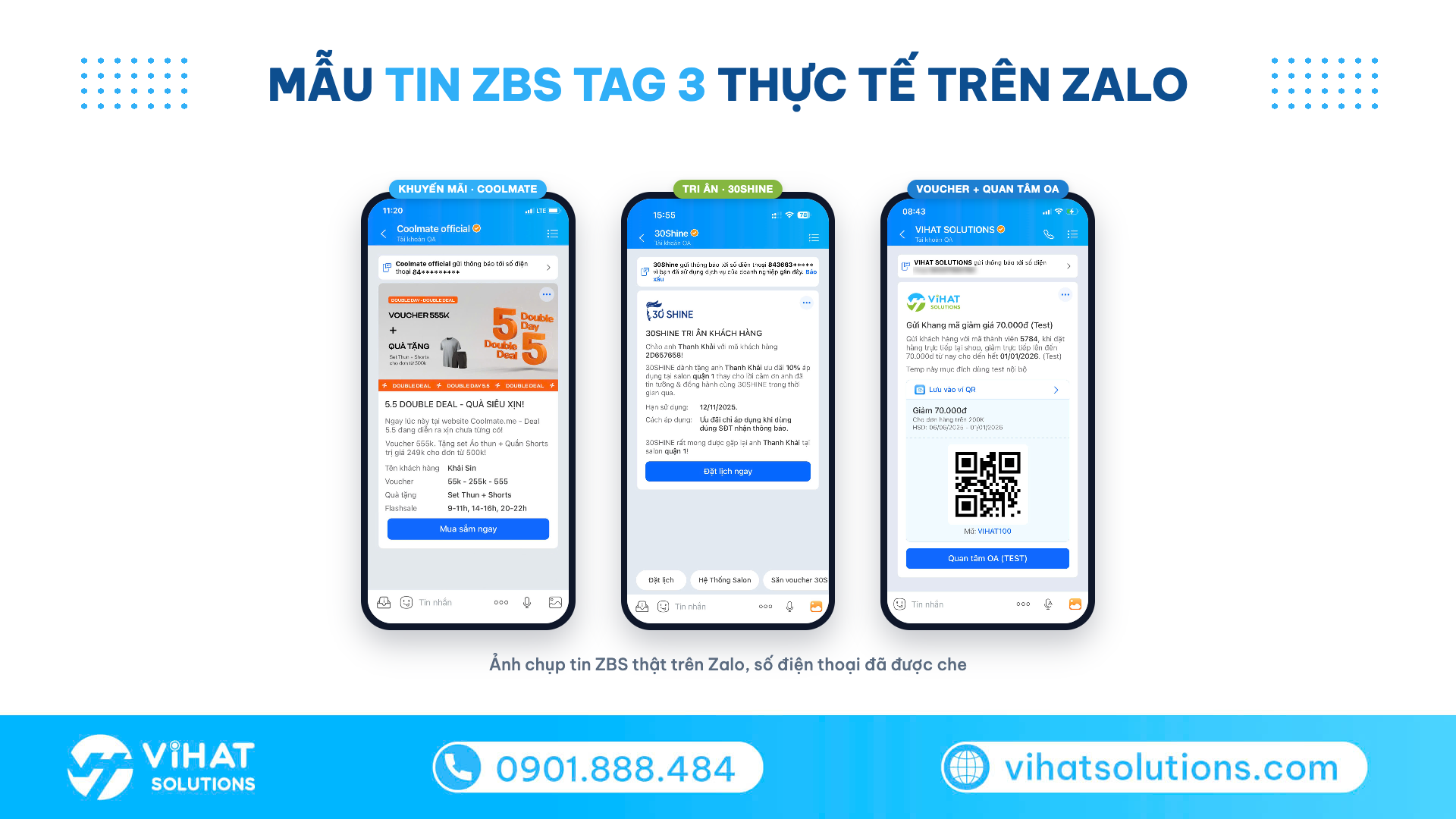 Mẫu tin ZBS Tag 3 thực tế trên Zalo: khuyến mãi Coolmate, tri ân 30Shine, voucher kèm nút Quan tâm OA