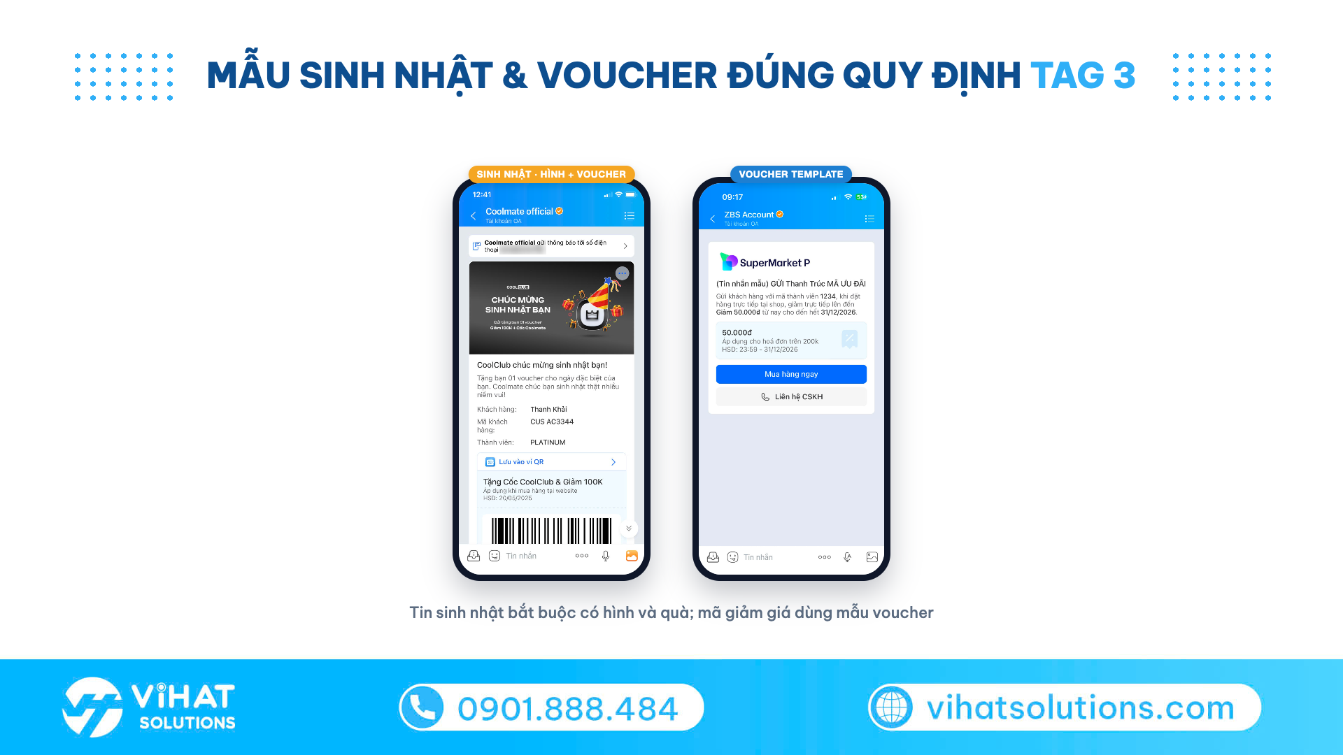 Mẫu tin ZBS Tag 3 sinh nhật có hình kèm voucher và mẫu voucher template thực tế trên Zalo