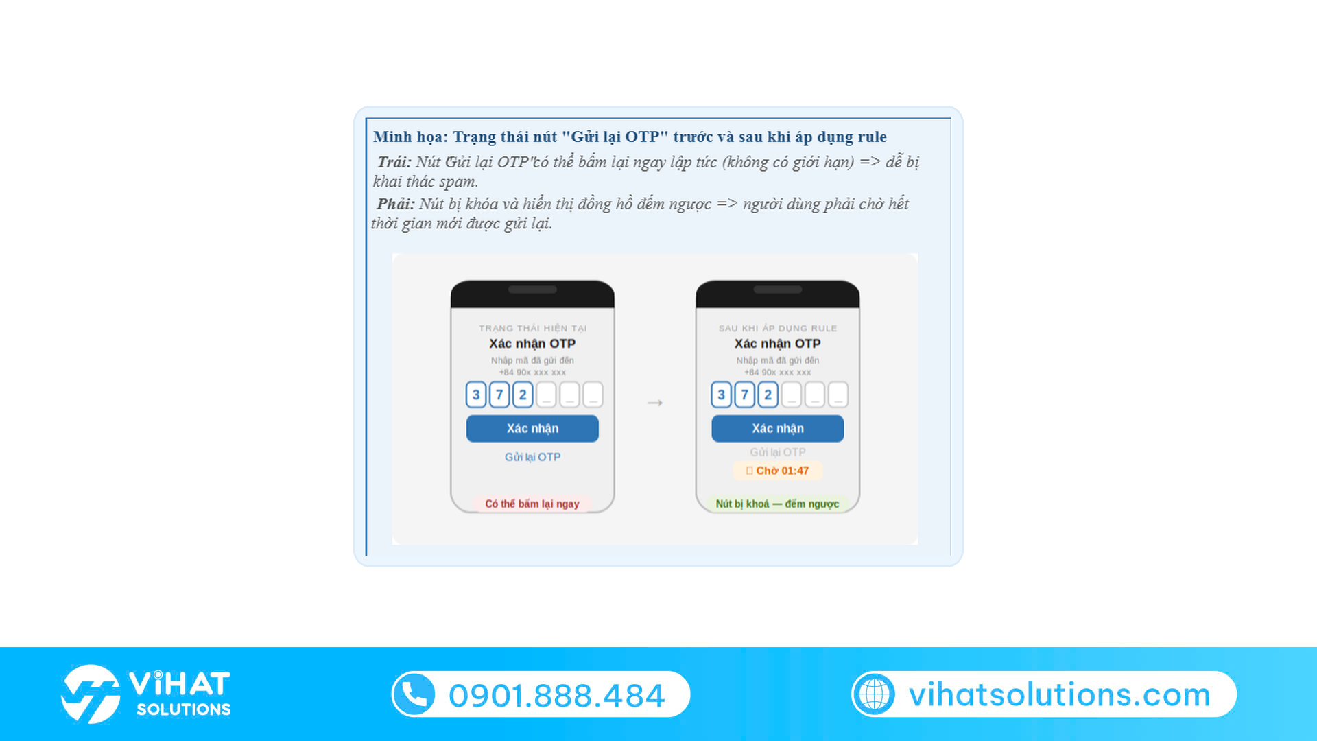 Minh hoạ từ tài liệu eSMS: nút Gửi lại OTP bị khoá đếm ngược sau khi áp dụng quy tắc chống spam
