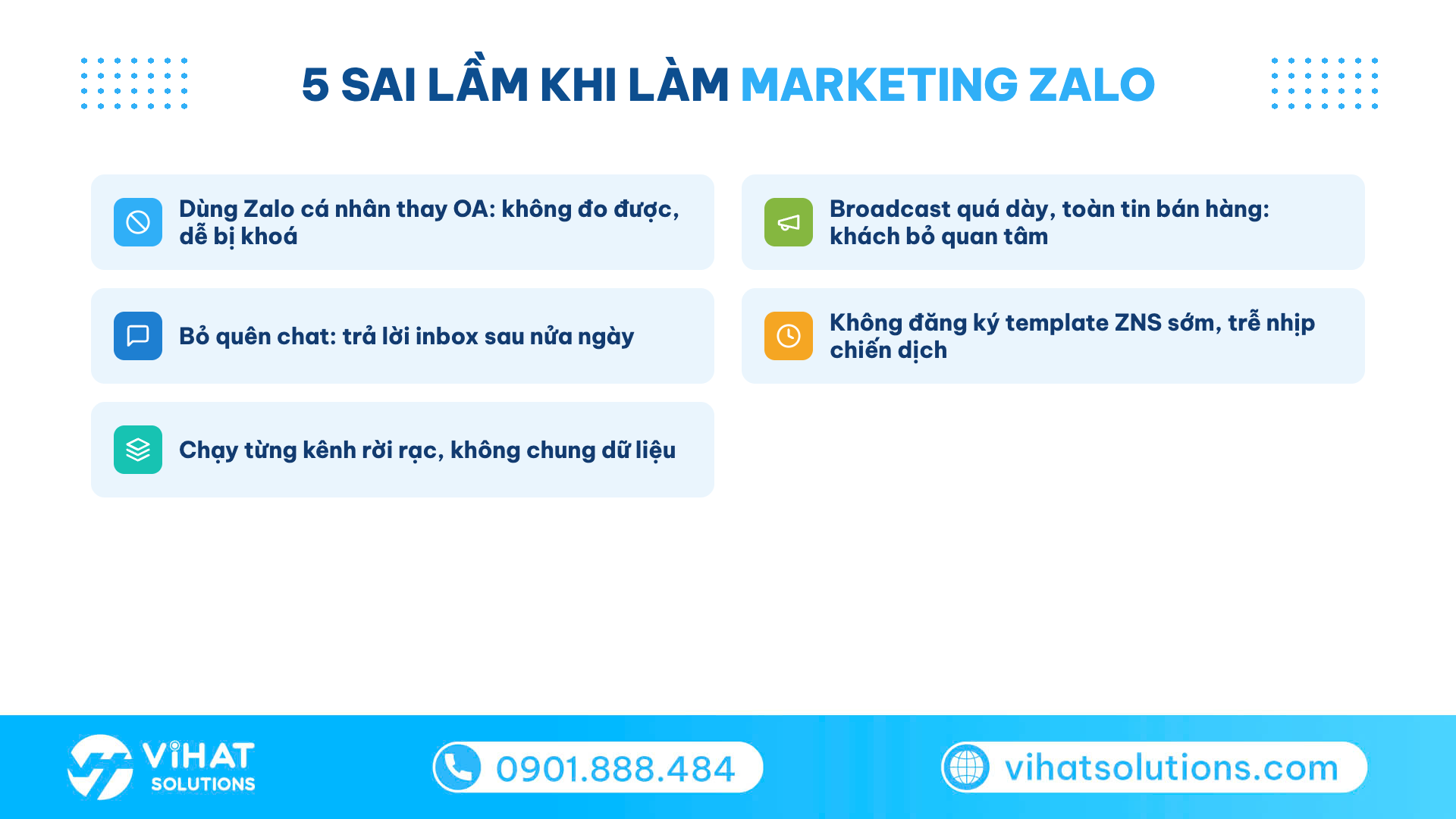 Checklist 5 sai lầm phổ biến khi làm marketing Zalo: dùng Zalo cá nhân, broadcast dày, bỏ quên chat