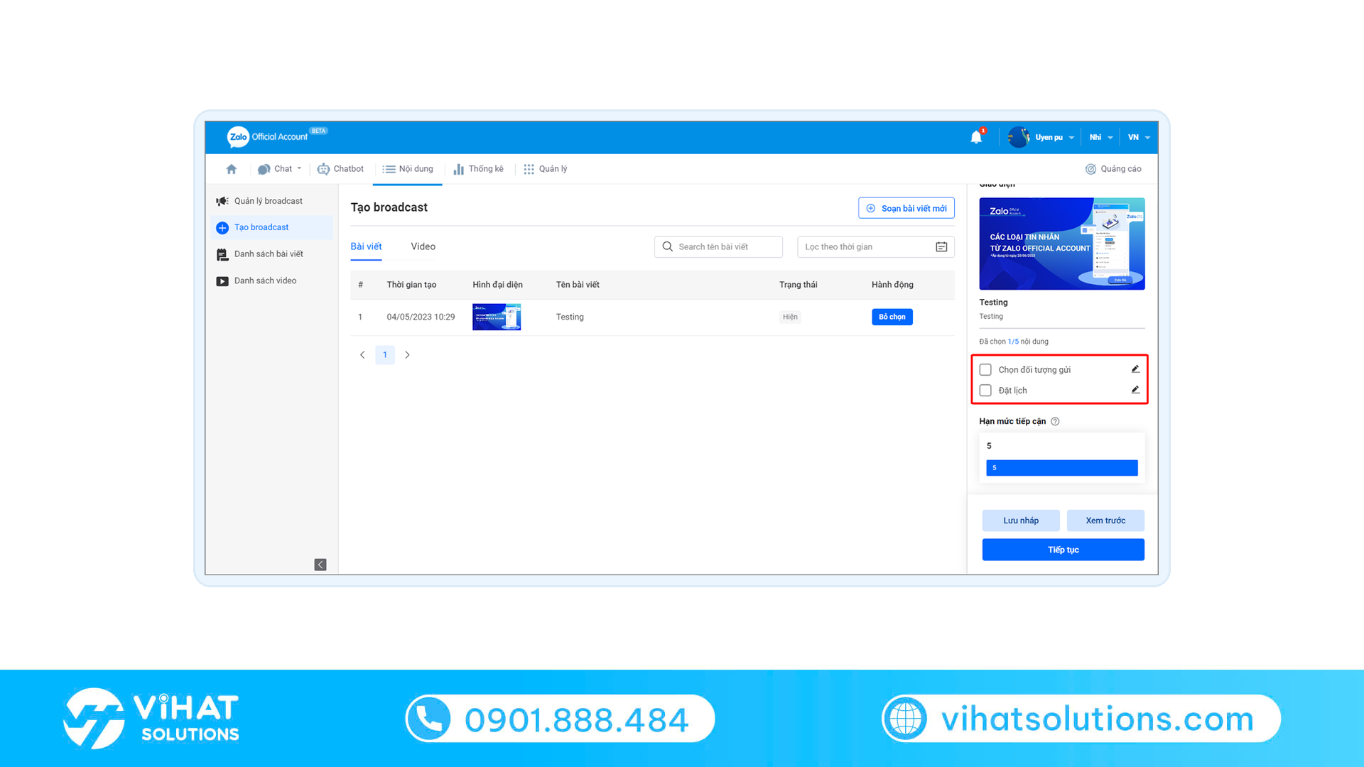 Giao diện tạo broadcast trên Zalo Official Account, công cụ nuôi tệp quan tâm trong marketing Zalo