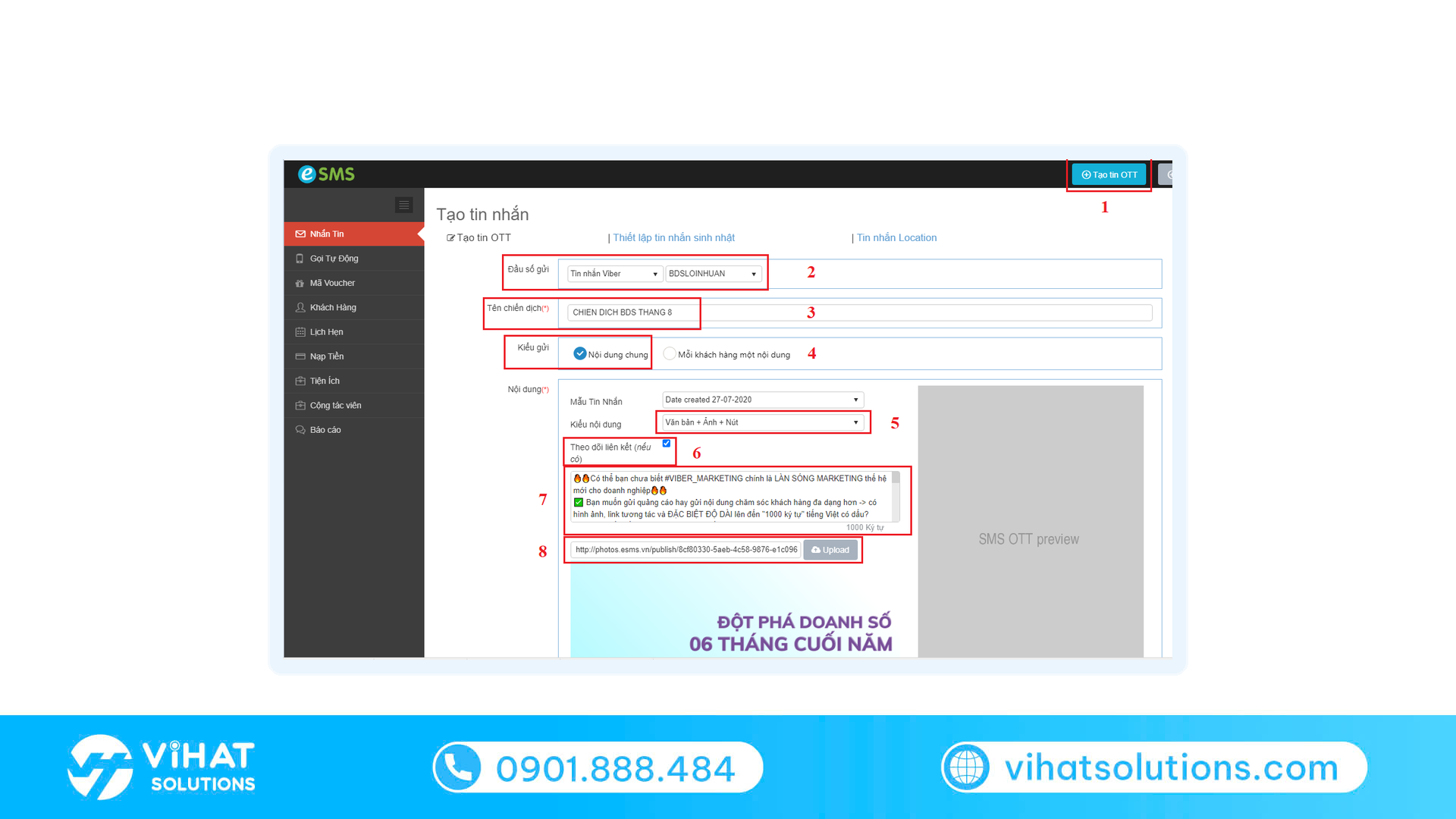 Màn hình tạo tin OTT Viber trên eSMS, cùng một tài khoản gửi SMS, Zalo và Viber cho omnichannel marketing