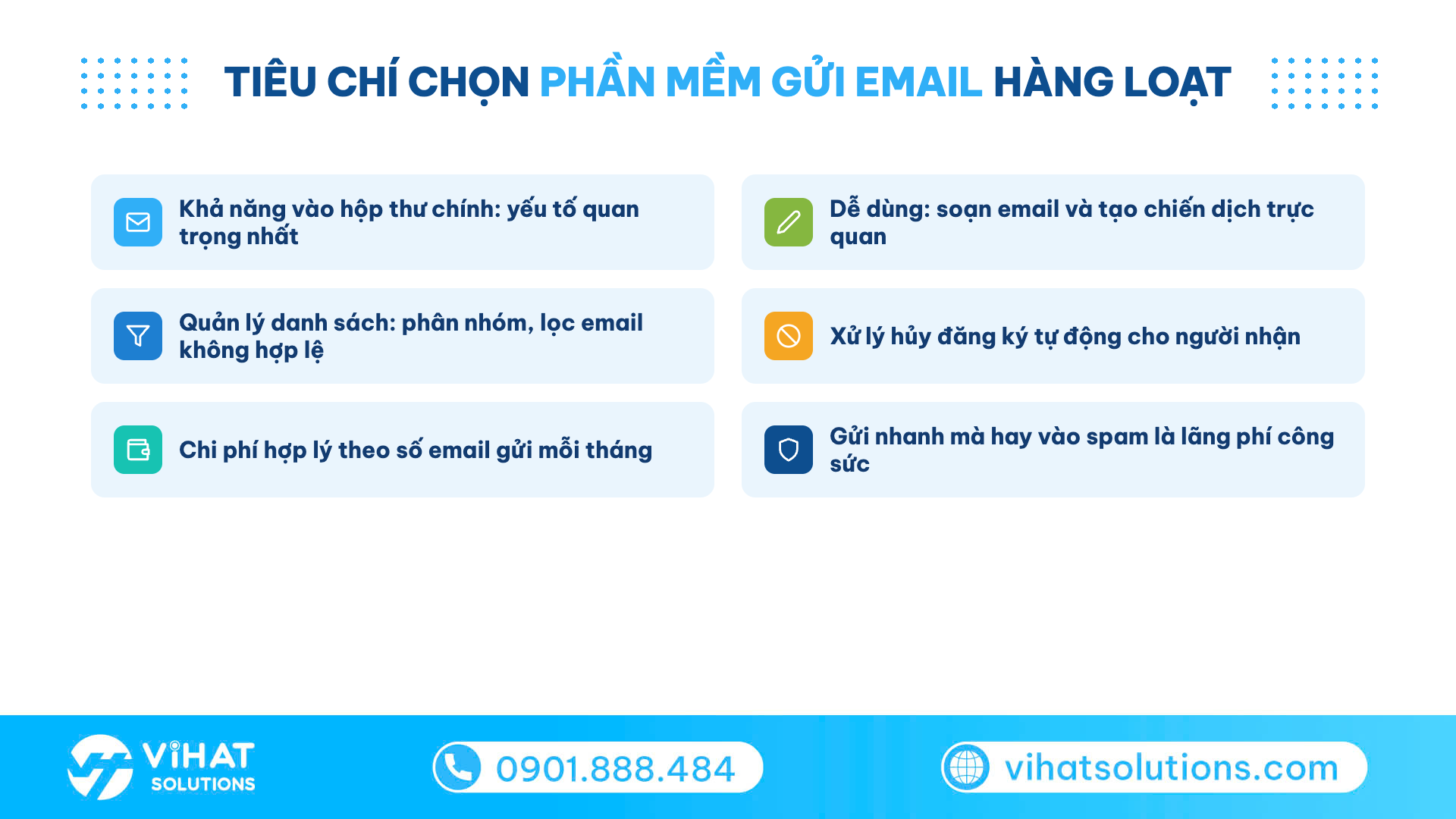 Checklist tiêu chí chọn phần mềm gửi email hàng loạt: vào hộp thư chính, dễ dùng, danh sách, chi phí