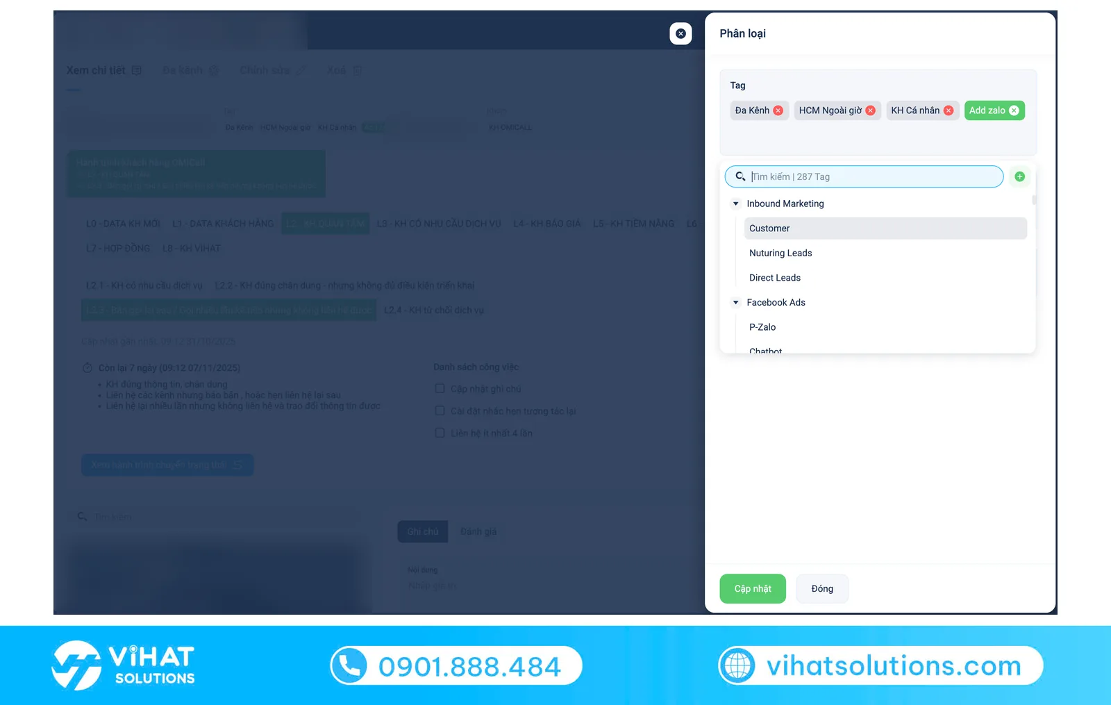 Giao diện gắn tag nhiều cấp cho khách hàng trên hệ thống Zalo CRM của OMI