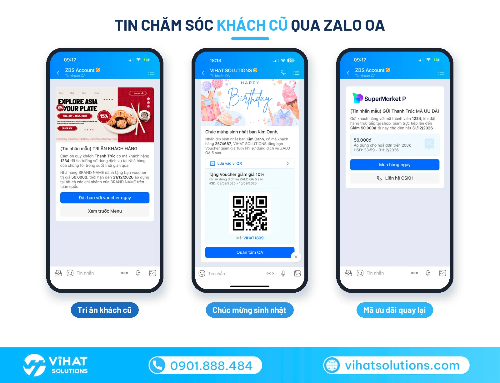 Mẫu tin ZBS chăm sóc khách hàng cũ qua Zalo OA: tri ân, sinh nhật, mã ưu đãi