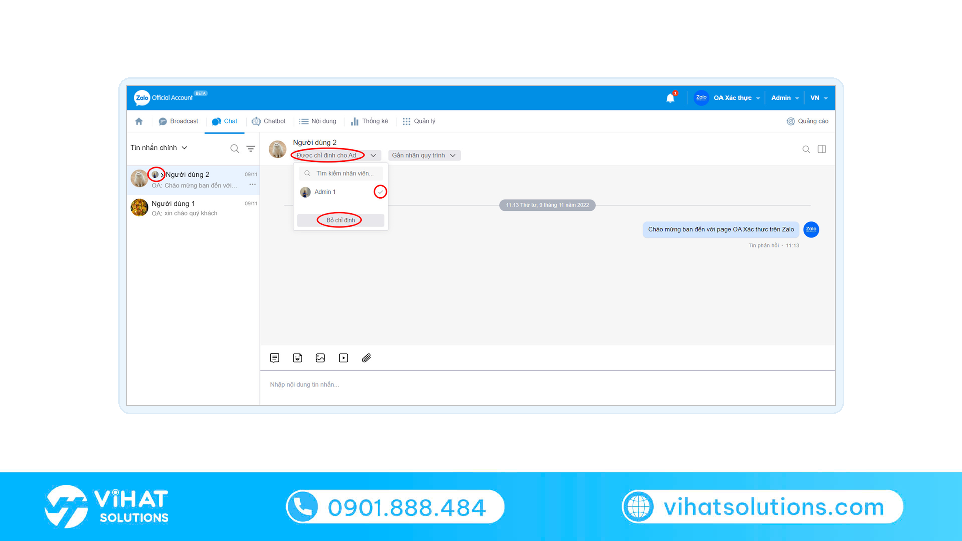Giao diện chat Zalo OA: chỉ định nhân viên xử lý hội thoại và gắn nhãn quy trình khi quản lý page