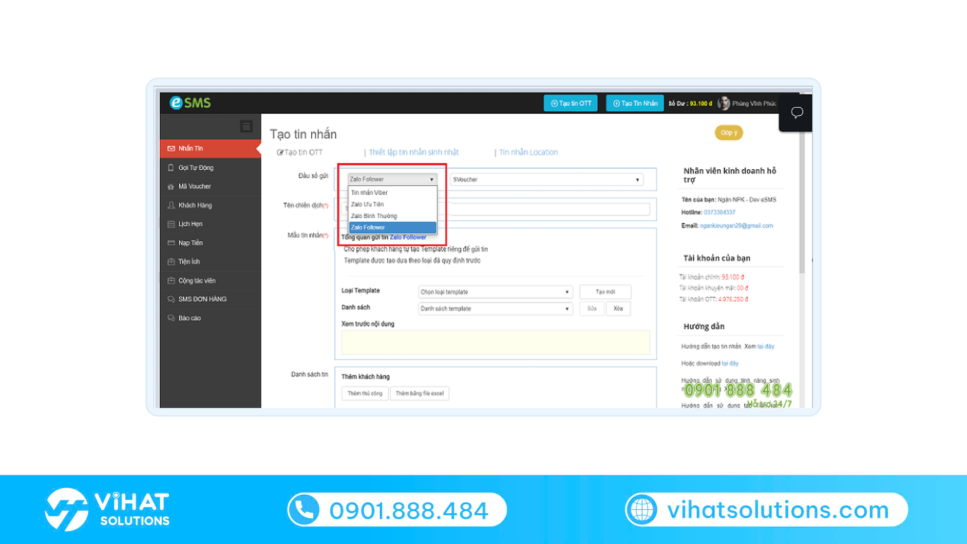 Giao diện tạo chiến dịch gửi tin Zalo Follower cho người quan tâm OA trên eSMS