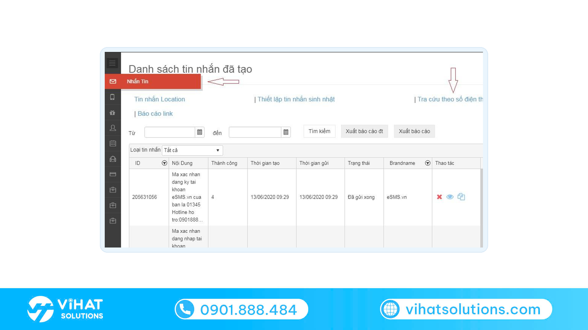 Danh sách tin đã gửi trên eSMS với số tin thành công và trạng thái để đo KPI SMS CSKH