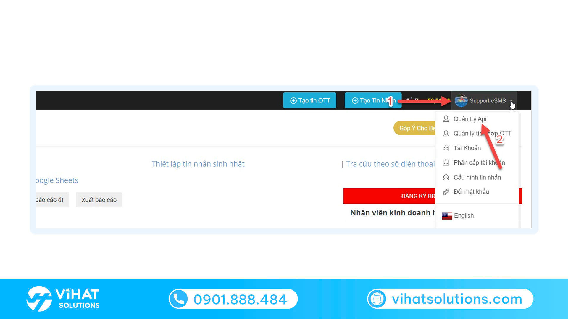 Menu Quản lý API trên tài khoản eSMS, nơi lấy ApiKey và SecretKey để tích hợp sms gateway