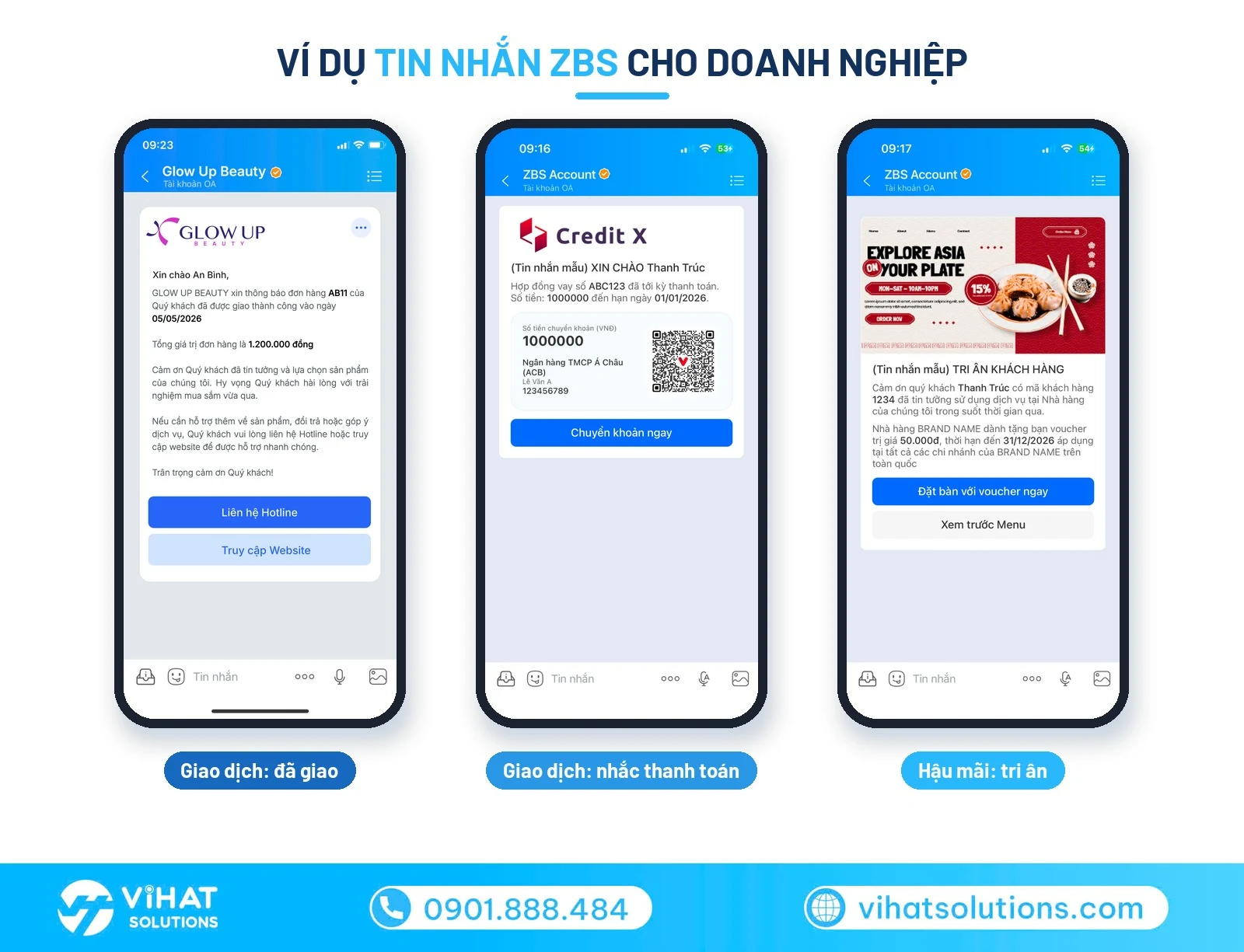 Ví dụ tin nhắn ZBS minh hoạ: nhắc lịch, xác nhận giao hàng và tin hậu mãi mời quay lại