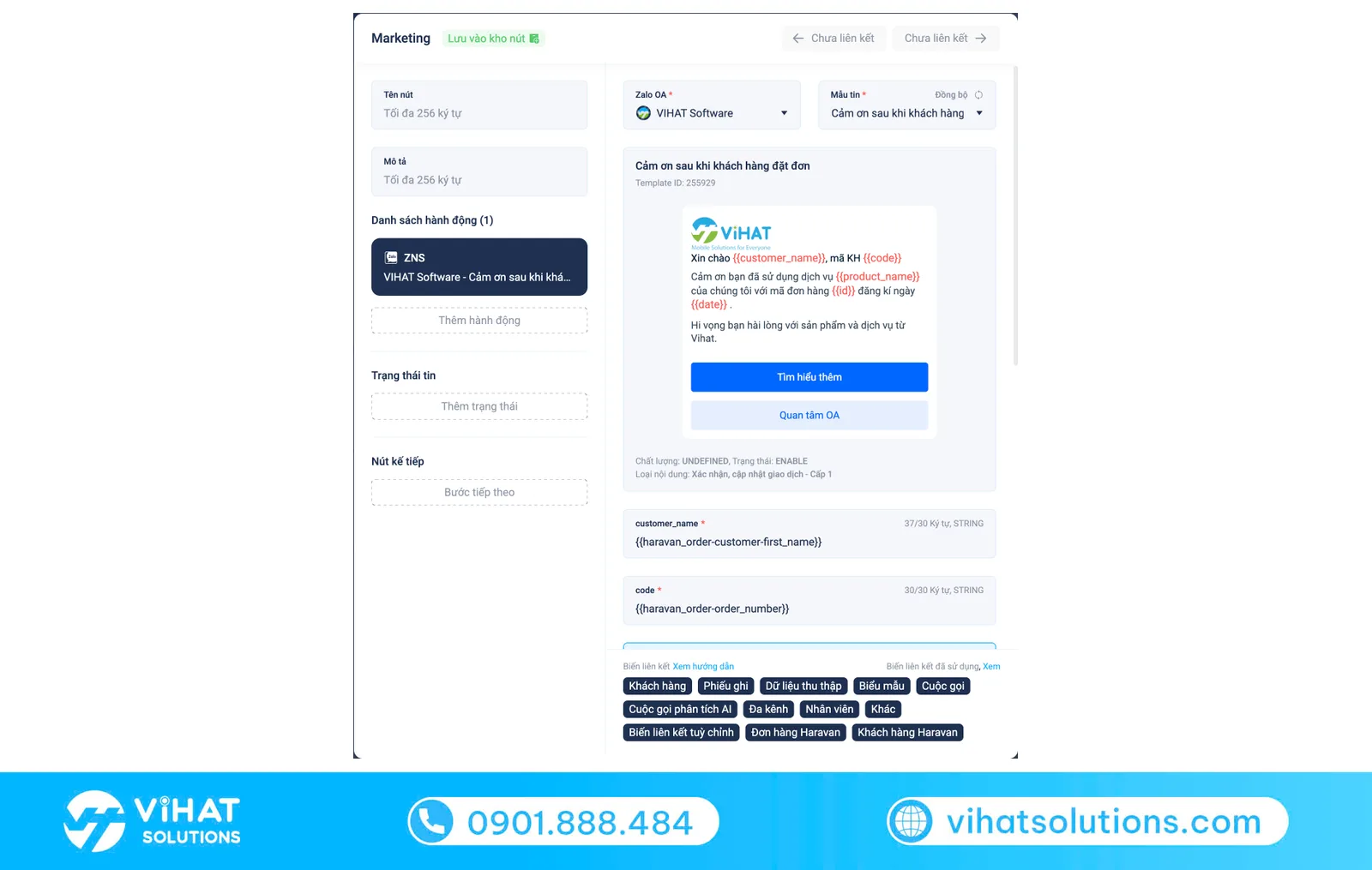 Giao diện OMIFlow chọn mẫu tin và gán biến đơn hàng để gửi tin nhắn ZBS tự động