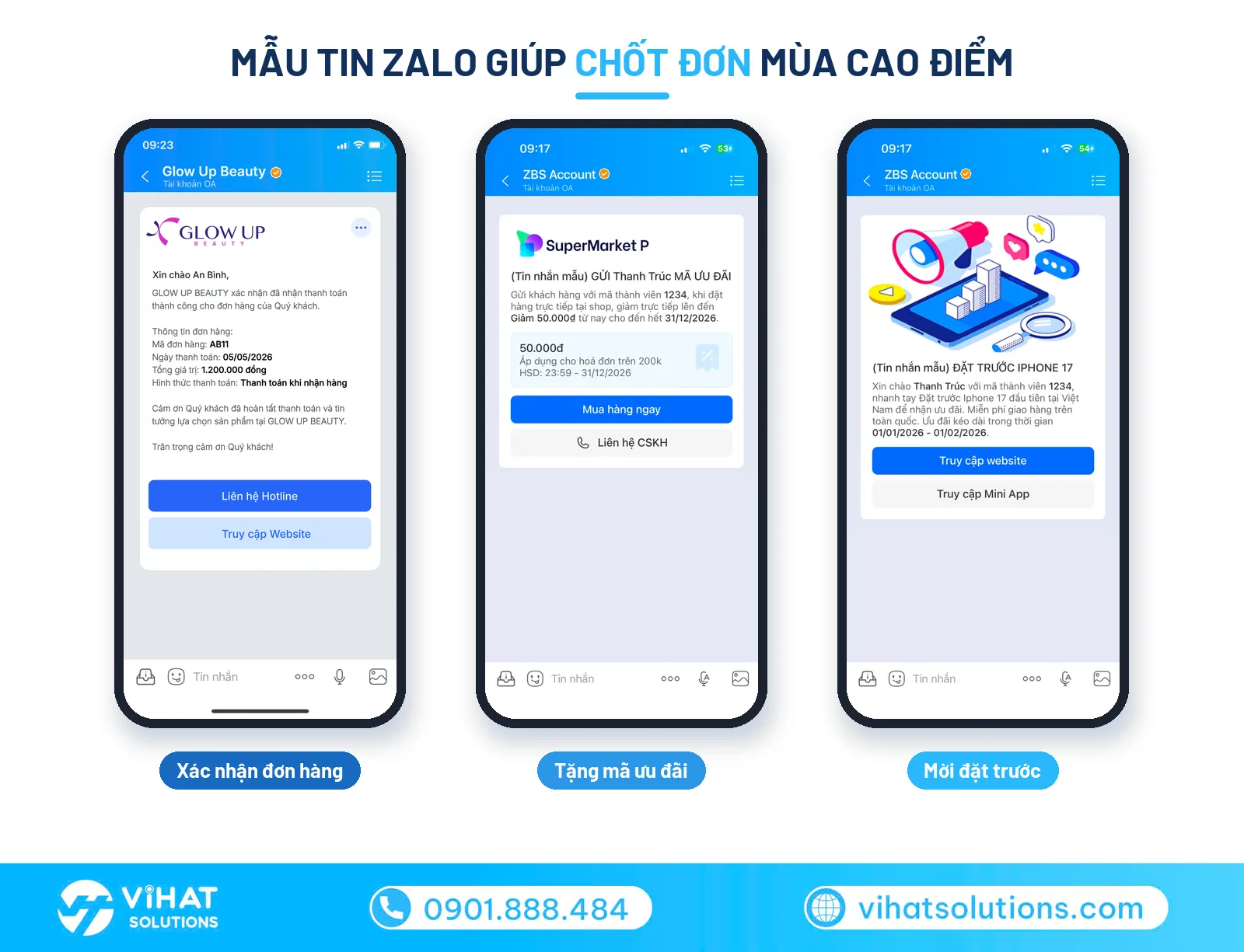 Mẫu tin Zalo giúp chốt đơn mùa cao điểm: xác nhận đơn hàng, tặng mã ưu đãi, mời đặt trước