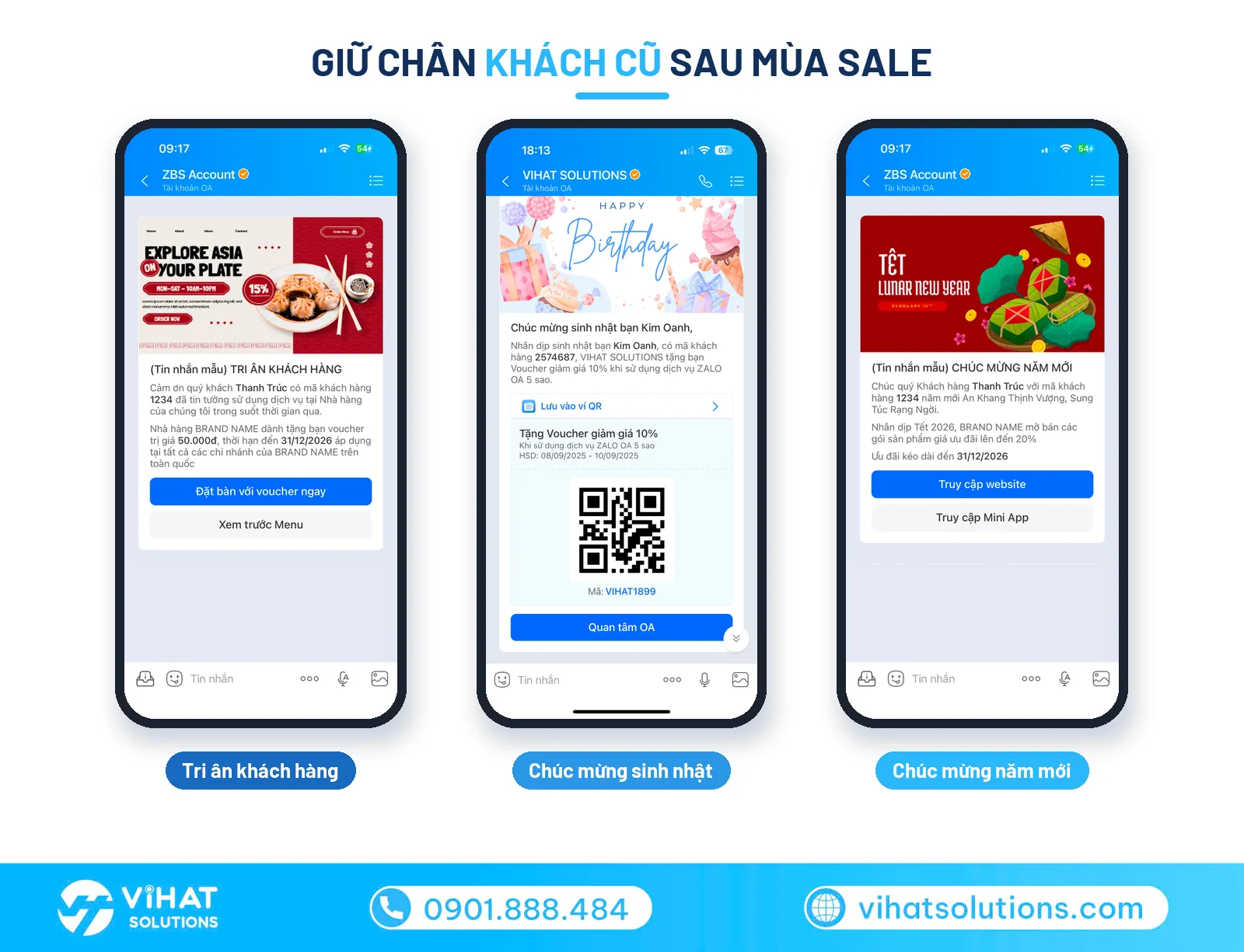 Mẫu tin Zalo giữ chân khách cũ: tri ân, chúc mừng sinh nhật, chúc mừng năm mới
