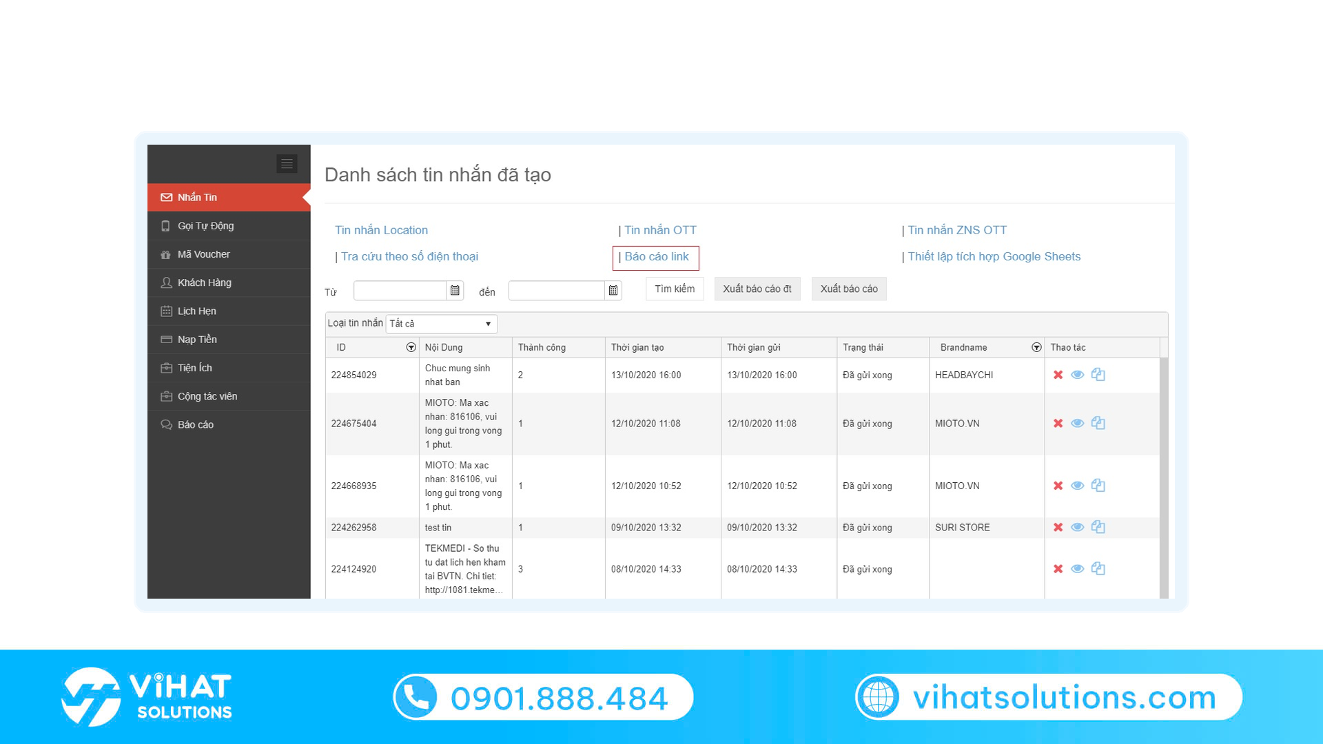 Mục Báo cáo link trên eSMS, nơi xem kết quả click của tracking link theo từng chiến dịch SMS