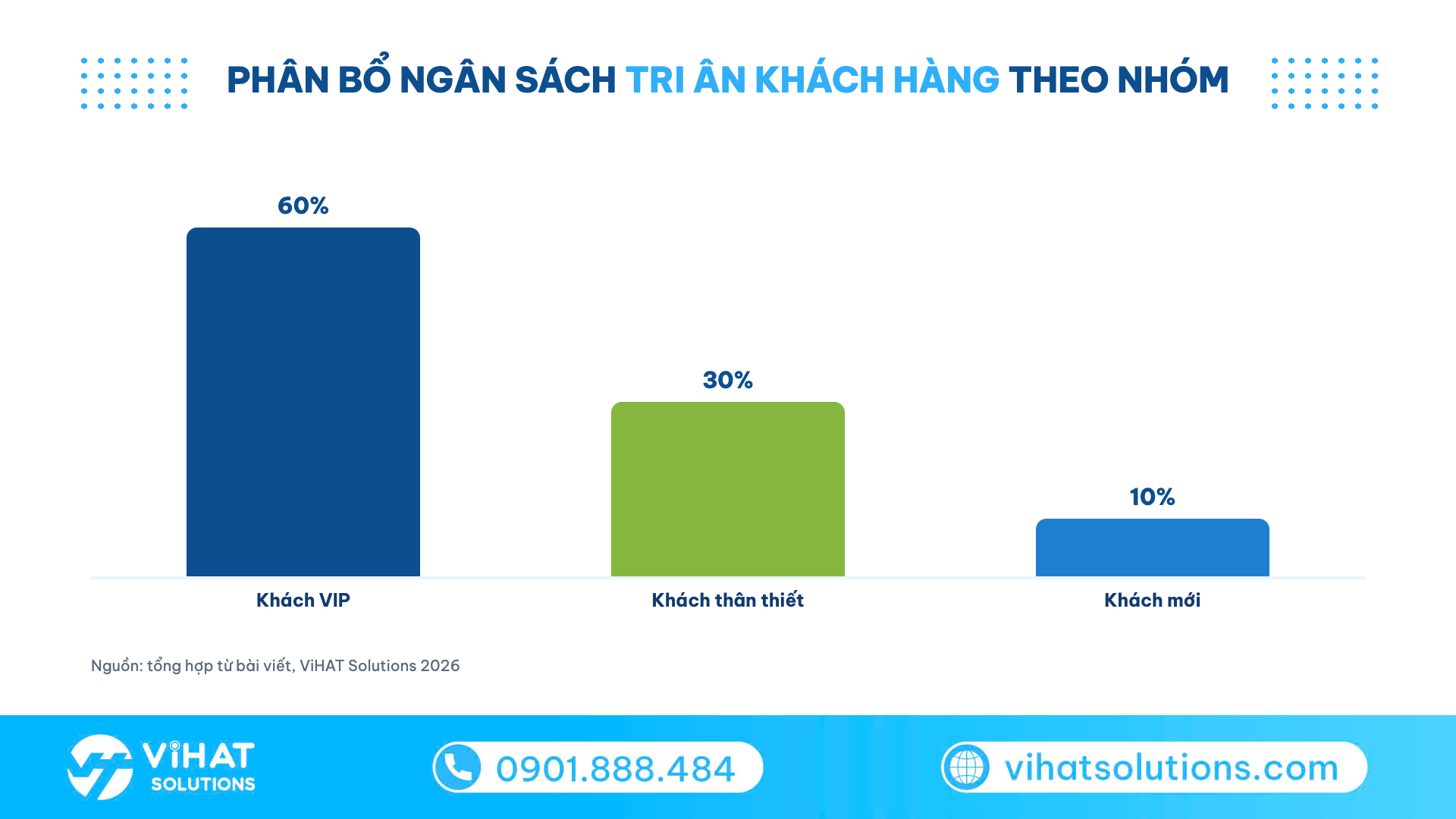 Biểu đồ phân bổ ngân sách tri ân khách hàng: VIP 60%, thân thiết 30%, khách mới 10%
