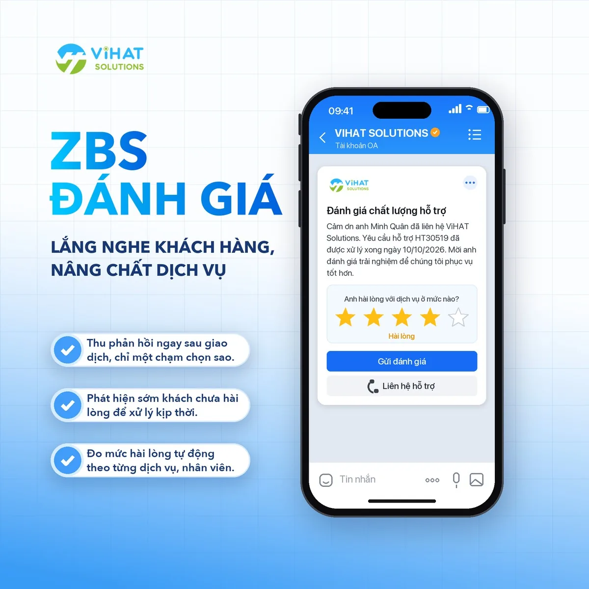 Mẫu tin ZBS đánh giá dịch vụ cho khách chọn sao trên Zalo