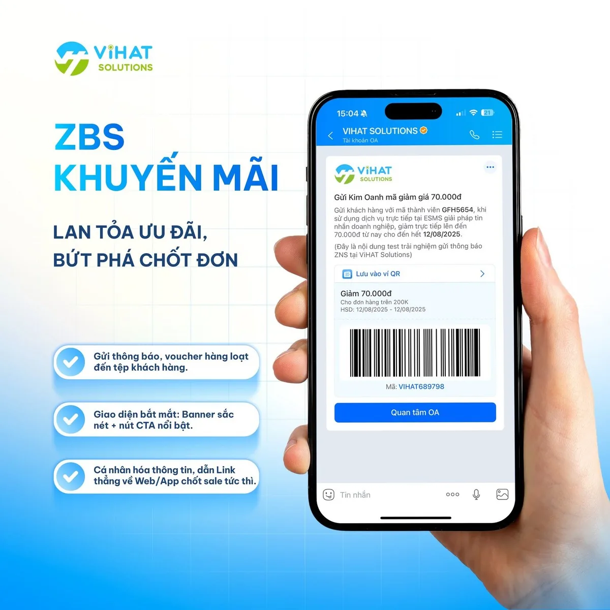 Mẫu tin ZBS voucher khuyến mãi có barcode và nút quan tâm OA