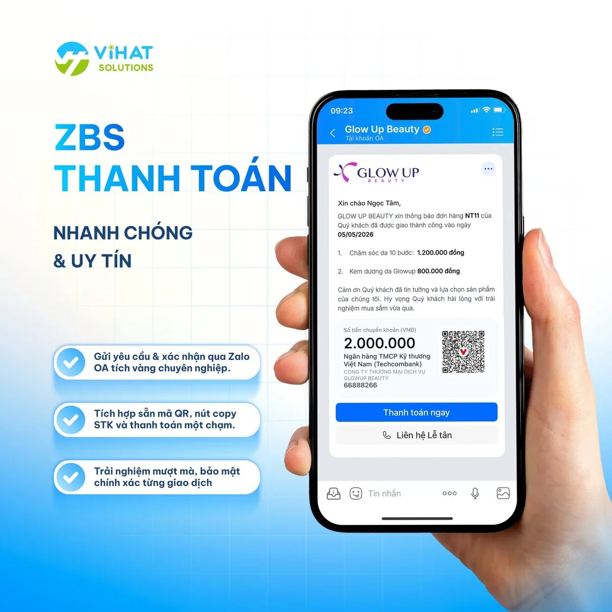 Mẫu tin ZBS yêu cầu thanh toán có mã QR và nút thanh toán ngay
