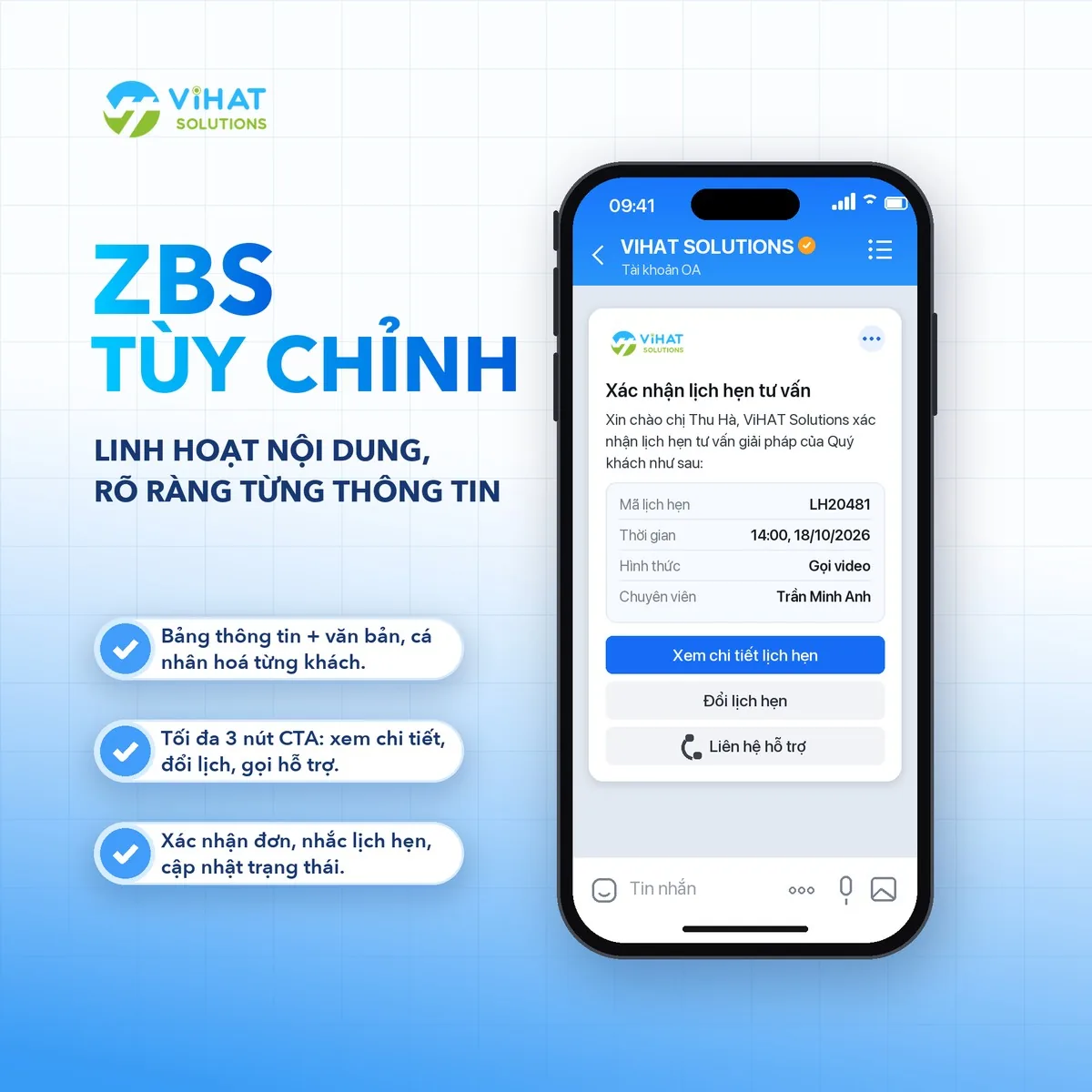 Mẫu tin ZBS tùy chỉnh xác nhận lịch hẹn với bảng thông tin và 3 nút CTA